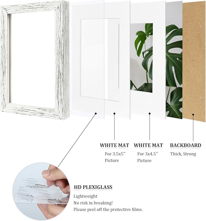 Egofine 4x6 Picture Frames Set of 4, Made of Solid Wood Covered by Plexiglass 3x4.5 and 3.5x5 with Mat or 4x6 without Mat, for Table Top Display and Wall Mounting Photo Frame, Driftwood White