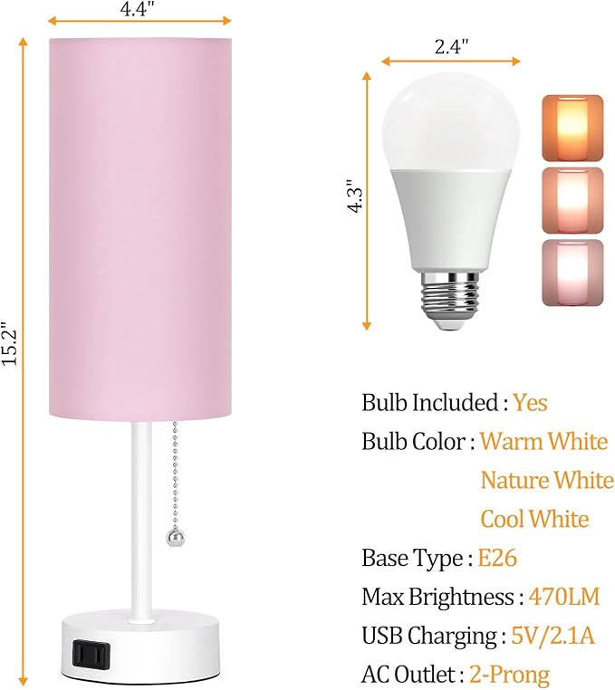 Dott Arts Table Lamp for Bedroom, 3-Color Bedside Lamps with Pull Chain, Bedroom Table Lamps for Nightstand,AC Outlet Small Lamp for Living Room, Bulb Included Pink