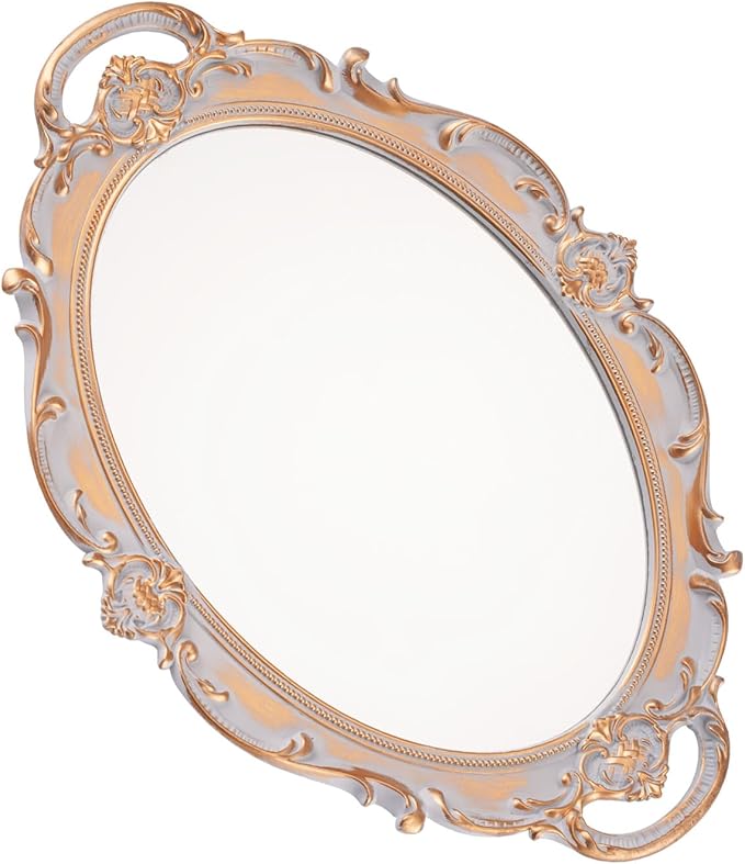 XPXKJ Vintage Gold Mirror Tray Vanity Tray for Dresser Perfume Storage Decorative Mirrored Glass Tray Coquette Room Decor, Bedroom, Bathroom Oval Antique Serving Makeup Organizer