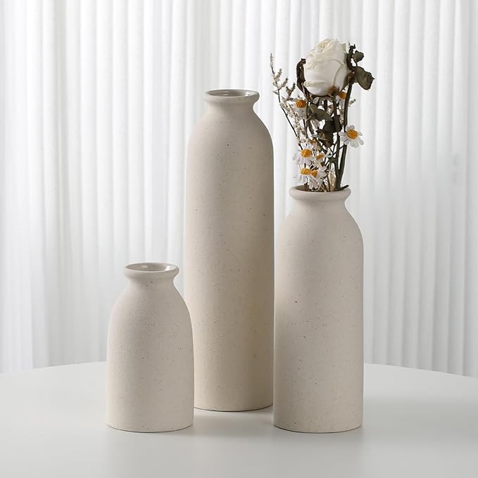 CEMABT Beige Ceramic vase Set-3 Flower vases for Decor,Modern Boho Farmhouse Home Decor,Decorative vase for Pampas Grass&Dried Flowers,idea Shelf,Table,Bookshelf