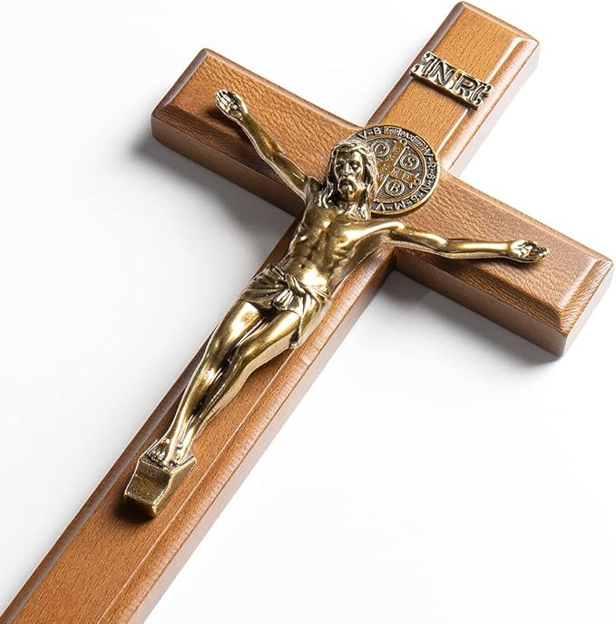 KUXBET Crucifix Cross Catholic 10.7 Inch Wooden Jesus Christ Wall Cross Stand, Hanging or Tabletop with Stand for Home Decor (10.7" L x 5.0" W)