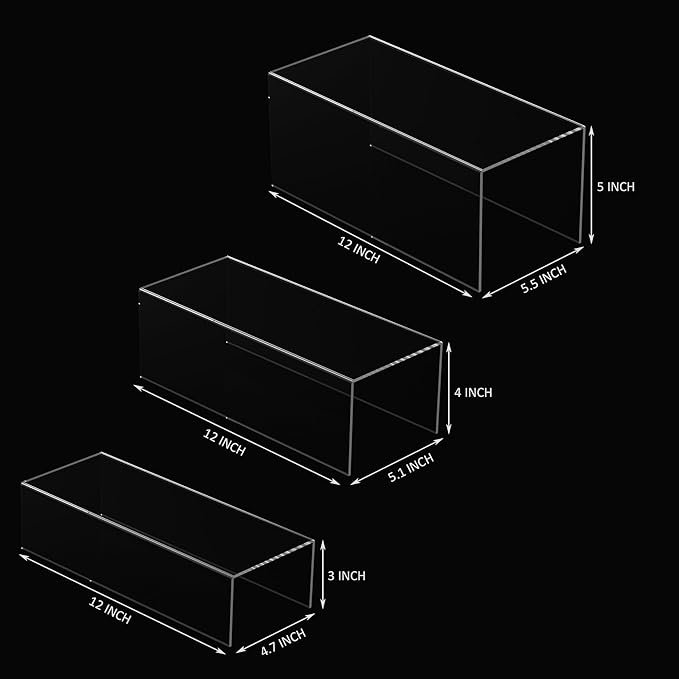 Sezanrpt Square Acrylic Display Risers 3pcs, Clear Showcase Shelves for Collectibles, Funko Pop Figures, Perfumes, Cupcake, Candy Dessert - 3''x4''x5''