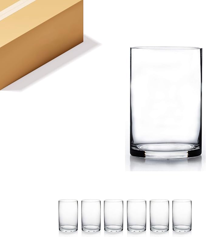 WGVI Quality Thick Weighted Clear Cylinder Glass Vases, 4" W x 6" H, Flower Arrangement Glass Candle Holders Wedding Centerpieces Terrarium Planter Pen Brush Storage Container, Bulk Wholesale, 6 Pcs