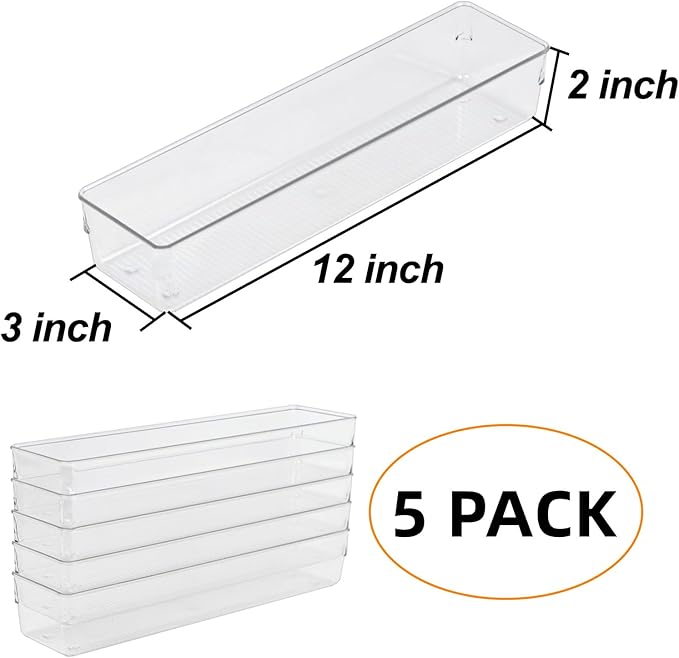 Clear Drawer Organizer Bins Set, Transparent Rectangle Trays, Dresser Bathroom Makeup Vanity Organization and Storage Bins Office Desk Drawer Dividers Organizers (5pc - 12×3×2")