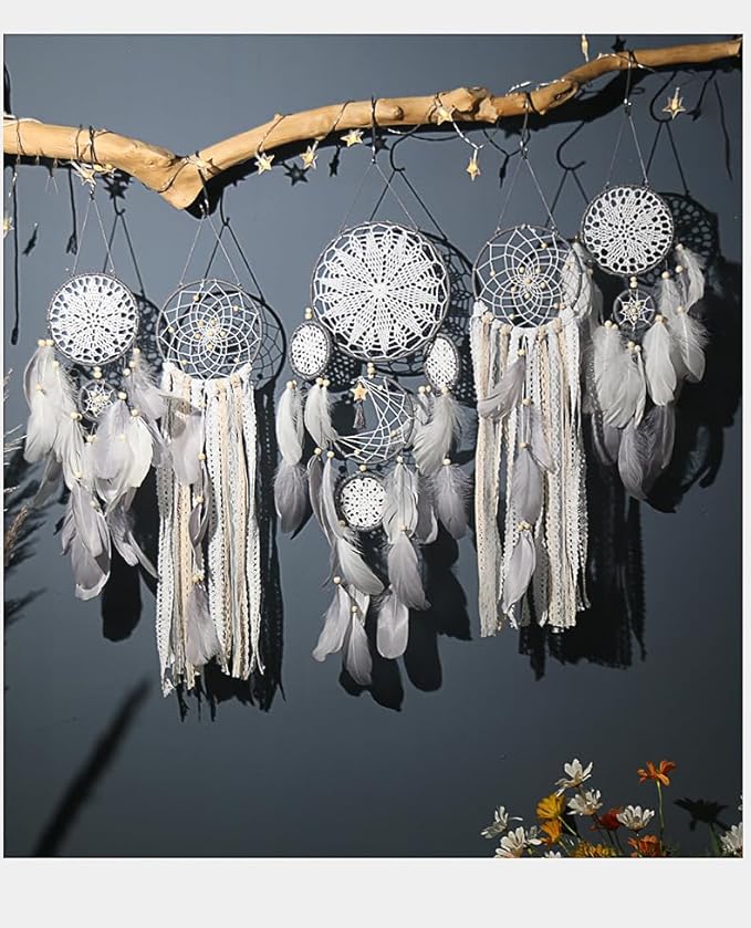 Set of 5 Boho, Hanging Large Boho Dream Catcher Macrame Wall Hanging Moon Dream Catcher Set Dream Catchers Wall Decor for Vintage Wedding Home Decorations (Black)