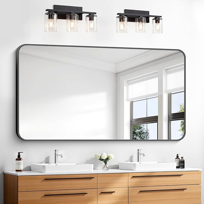 BONEWEI 30x55 inch Bathroom Mirror,Black Rectangle Mirror,Wall Mounted Bathroom Frame Vanity Mirror with Round Corner for Bedroom Living Room, Entryway Hangs Horizontal or Vertical