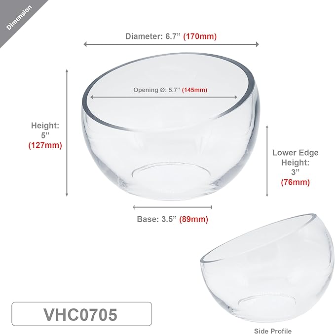 WGVI Slant Cut Bowl Glass Vase, Width 6.7", Height 5", Clear Terrarium, Candy Dish, Fruit Jar, Floral Container for Wedding Party Event, Home Office Decor, 12 Pieces