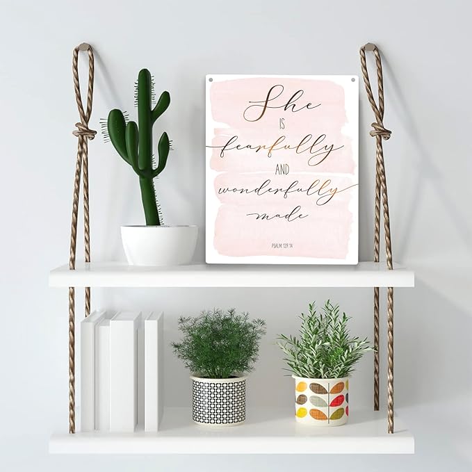 Inspirational She is Fearfully and Wonderfully Made Bible Verse Wood Sign Rustic Psalm 139:14 Flowers Christian Wooden Hanging Plaque for Home Wall Art Decoration 8 x 10 Inches Present