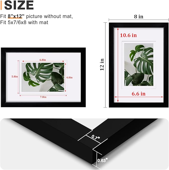 Egofine 8x12 Picture Frames Set of 4, Made of Solid Wood Covered by Plexiglass 5x7 and 6x8 with Mat or 8x12 without Mat, for Table Top Display and Wall Mounting Photo Frame Black