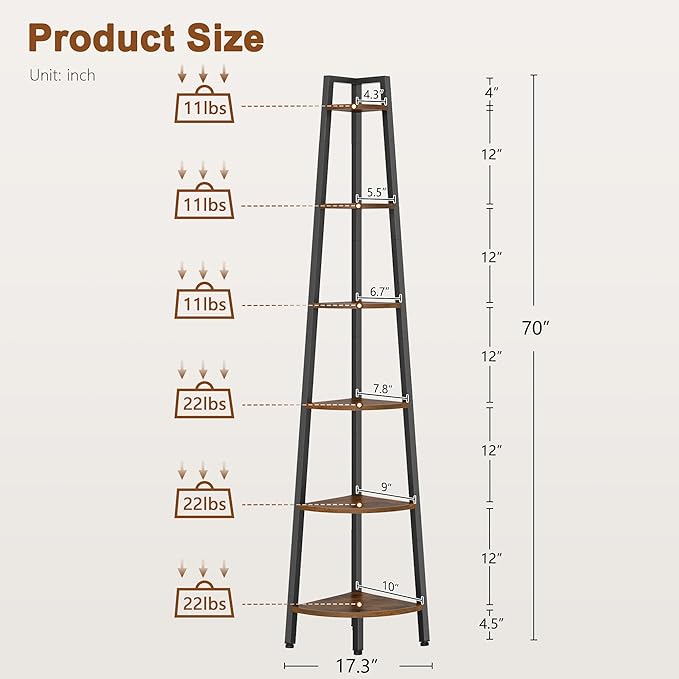 Hoctieon Corner Shelf, 6-Tier Corner Bookshelf, Rustic Ladder Shelf, Industrial Display Stand for Living Room, Kitchen, Home Office, Balcony, Small Space, Metal Frame, Rustic Brown
