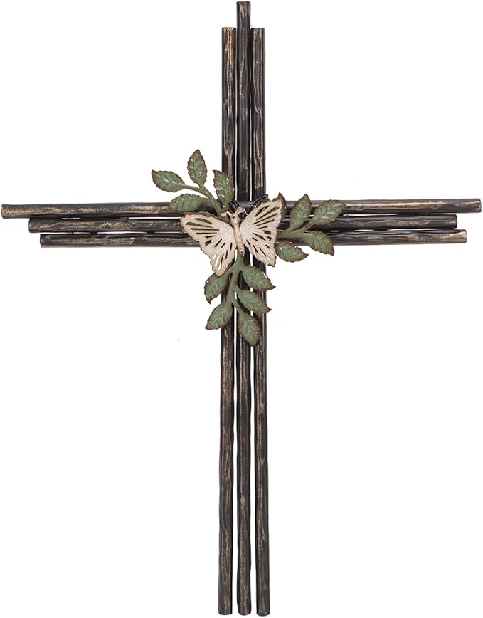 Synovana Wall Cross, Rustic Metal Cross Wall Decor with Butterfly & Leaves, Inspirational Christian Wall Crosses for Home Decor, Crucifix Gift