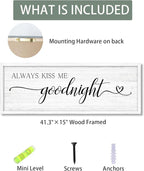 Always Kiss Me Goodnight Wall Sign Above Bed 41.3''×15'' Large Farmhouse Wall Decor for Bedroom Couples Room Decor Framed Wood Wall Art Rustic Master Bedroom Wall Decoration (white frame)