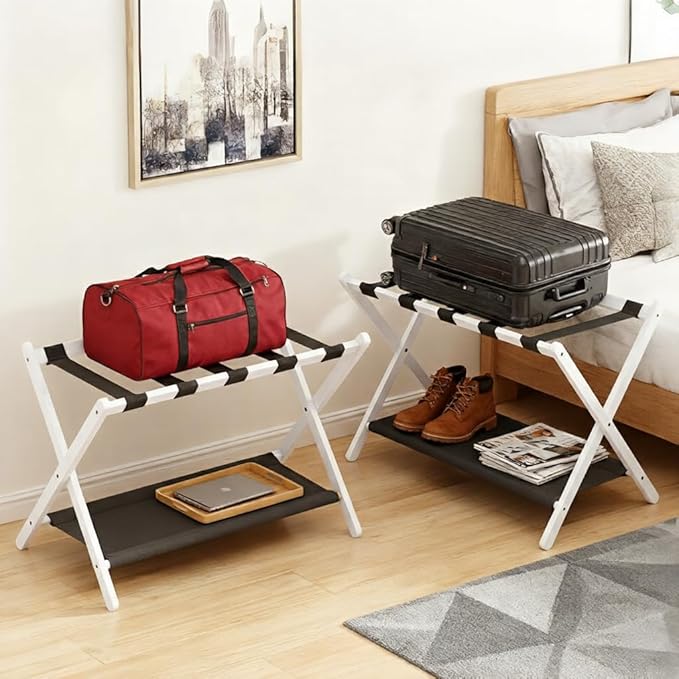Bamboo Luggage Rack for Guest Room, 26.77" Folding Wide Suitcase Stand with Fabric Storage Shelf, Thickened Luggage Stand Holder for Bedroom Hotel, Luggage Rack for Suitcases (1 Pack - White)