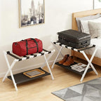 Bamboo Luggage Rack for Guest Room, 26.77" Folding Wide Suitcase Stand with Fabric Storage Shelf, Thickened Luggage Stand Holder for Bedroom Hotel, Luggage Rack for Suitcases (1 Pack - White)