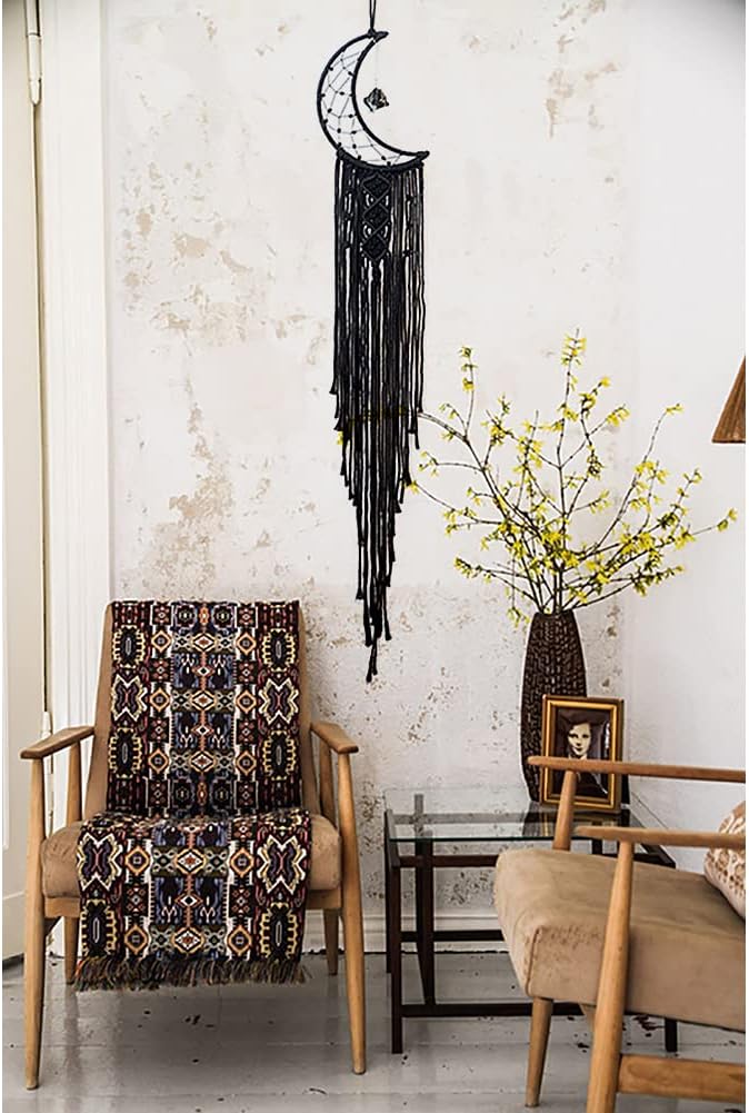 MOONFLY Black Moon Dream Catcher with Handmade Crystal Stone Design Woven Cotton Boho Macrame Wall Hanging Home Decoration Ornament Craft Gift(Black Crystal Stone Moon)