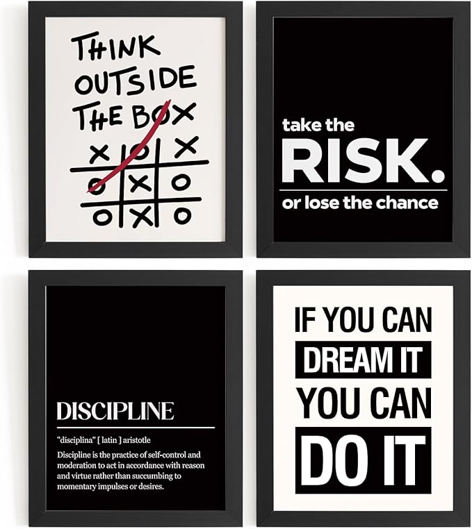 DSHFG Inspirational Office Motivational Wall Art Decor Prints Set of 4, Black Motivational Wall Decor Trendy Retro Posters for Office Home Decor, 12x16 Unframed