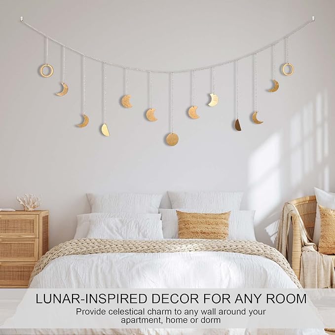 Moon Phase Wall Decor with LED String Light, 13 Gold Wood Boho Wall Hanging Decor Mood Garland 56'' - Celestial Phases Moon Decoration in Bohemian Style for Bedroom Living Room, Birthday Gifts