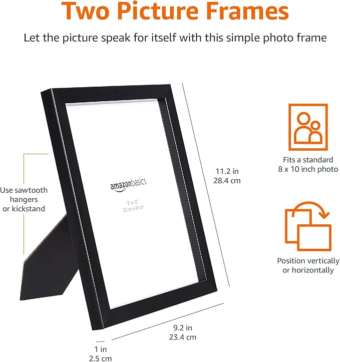 Amazon Basics Rectangular Photo Picture Frame, 8 x 10 in, Pack of 2, 11.22 x 9.21 inches, Black