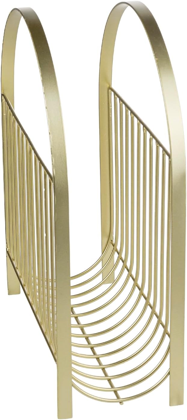 MyGift Deluxe Mid Century Brass Tone Metal Wire Magazine Holder Rack, Table or Floor Display Newspaper Stand Storage Sling for Magazines and Vinyl Record Albums