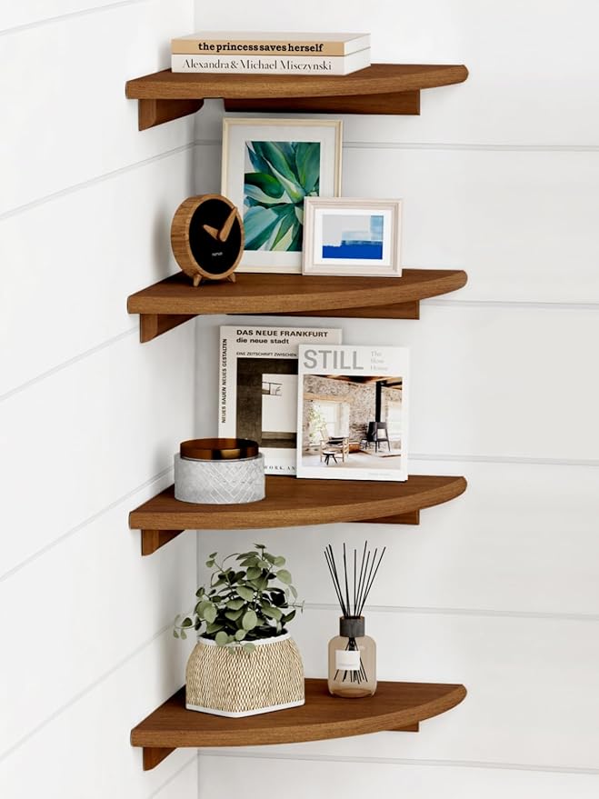 Forbena Walnut Brown Floating Corner Shelves for Wall 4-Pack, Small Corner Wall Shelves for Kids Room, Cute Wooden Hanging Corner Shelf for Bedroom Bathroom Decor, Living Room, Small Spaces
