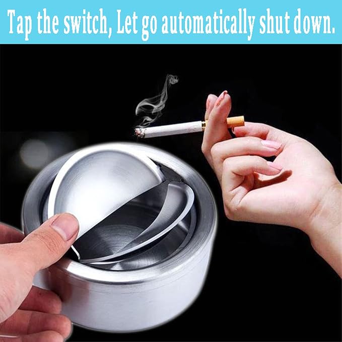 Nescope Stainless Steel Windproof Ashtray with lid Flip Top Ashtray for Indoor or Outdoor Use Ash Holder for Smokers Desktop Smoking Ashtray Home Office Decoration Classic Metal a Lid Ashtreys