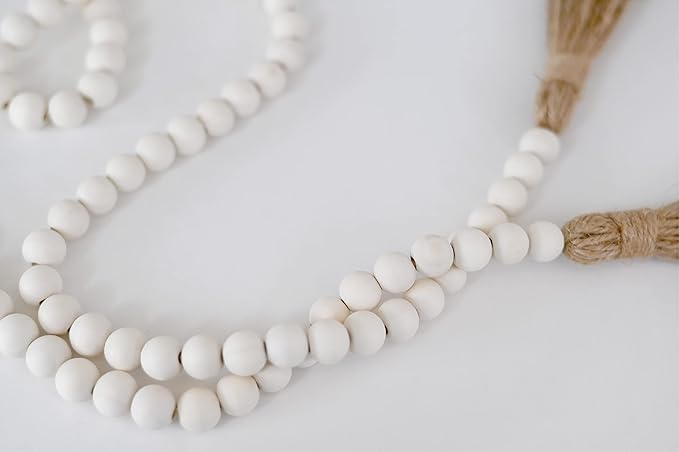 Rool 58in Wood Bead Garland Modern Farmhouse Decor Garland Boho Prayer Beads Neutral Home Decor Wood Beads with Tassels (Natural)