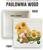 Farmhouse Sunflower Gnome Wooden Box Sign Rustic Country Sunflowers Truck Box Sign Wood Sign Decor Summer Square Wood Sign Home Desk Tabletop Shelf Decor 5 x 5