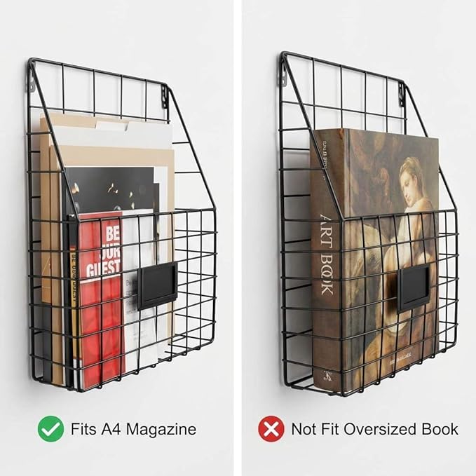 QWORK Metal Wire Wall Mounted File Organizer – 2 Pack Fits A4 & Letter Size, Space-Saving Storage for Office, Home & Entryway