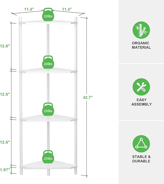 Wisuce Corner Shelf Stand - 4 Tier White Bamboo Small Corner Bookshelf for Office Kitchen Bedroom Plant Stand Living Room Decor Small Space