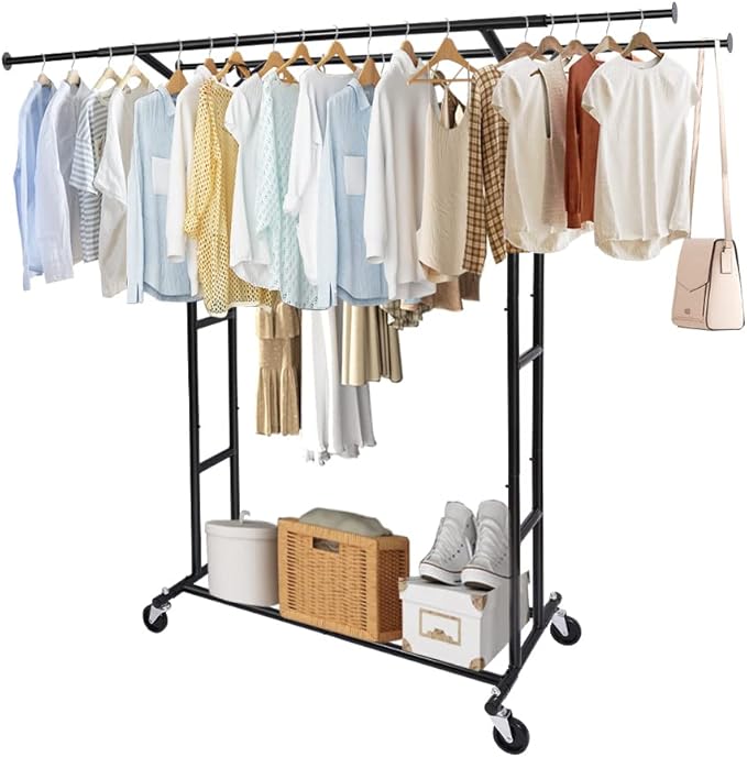 Fishat Black Heavy Duty Double Rod Garment Rack for Hanging Clothes, Rolling Clothes Organizer Commercial Metal with Lockable Wheels Mobile for Coats Dresses