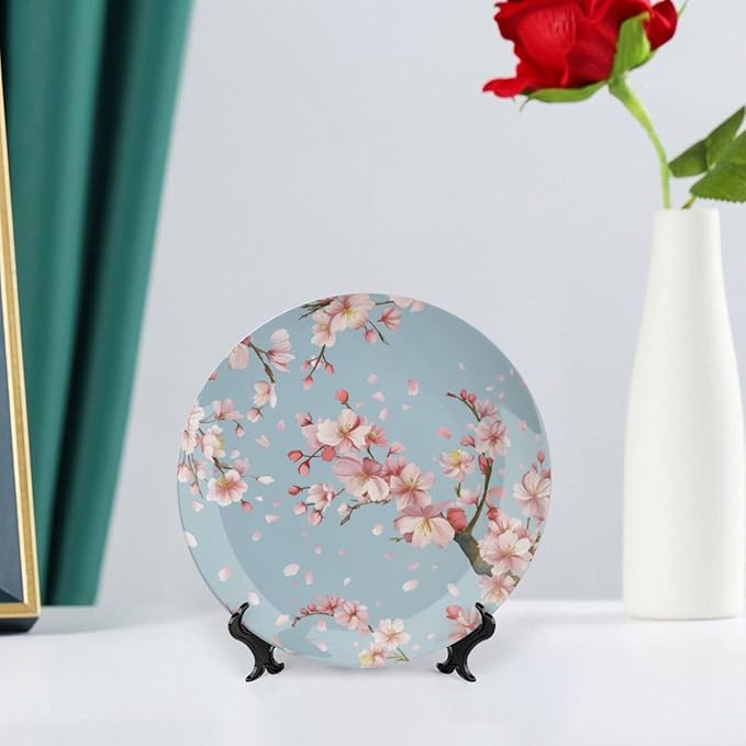 Japanese Spring Theme Decorative Ceramic Plate Round Porcelain Plate,Sakura Tree Branches Pattern,for Decorative Ornaments Giving Plates, 1 Plate with 1 Display Stand,Blue Pink,7 inch
