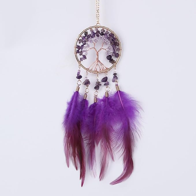 Pretty Jolly Small Tree of Life Crystal Stone Dream Catchers Purple Feathers Mini Dreamcatchers for Cars Rear View Mirror Hanging Decoration Good Luck Travel Charm Bedroom Ornaments for Women Girls