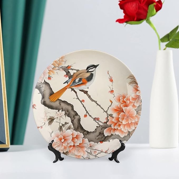 Decorative Plates for Wall Hanging, Bird & Peony Flower Chinese Meticulous Painting Ceramic Plate, Wobble-Plate with Display Stand, Home Decor for Kitchen Cabinets, Farmhouse Round Tray 8 Inch