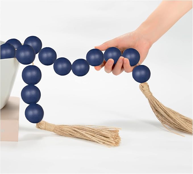 OMISHE 76" Long Extra Large Wood Bead Garland Navy Blue with 1.6" Diameter Wooden Beads and Tassels, Rustic Farmhouse Country Decorative Beads for Home Decor Tiered Tray Decor, Navy Blue