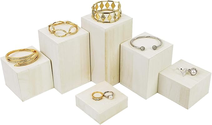 Mooca Wooden 6 Pcs Square Risers for Display Jewelry and Accessories Display Stand (Wash White)