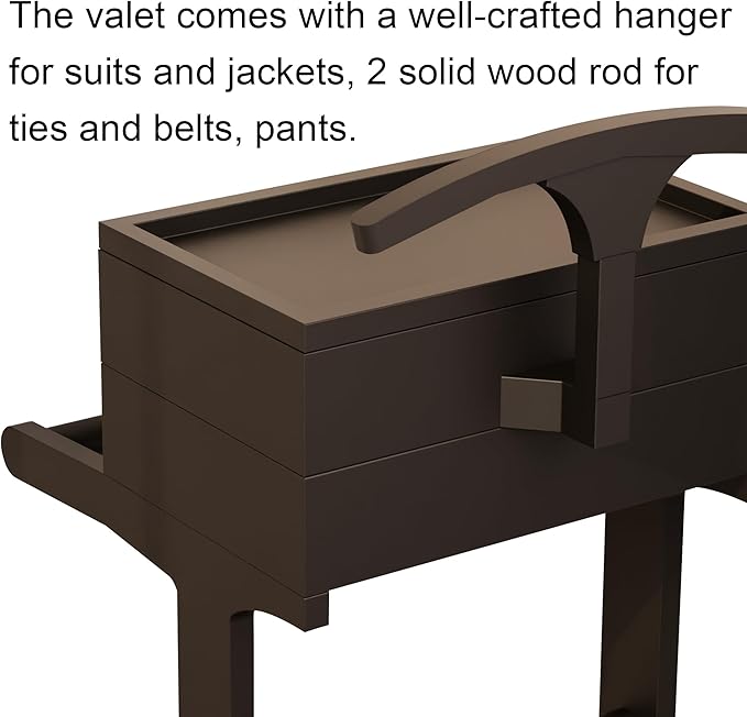 Brefhome Wooden Valet Stand with Drawer & Tray, Clothing Rack for Men Women, Modern Garment Rack for Entryway, Bedroom, Commercial, Black