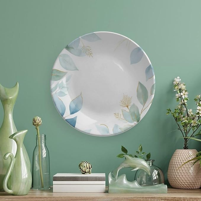 Leaf Theme Decorative Ceramic Plate Round Porcelain Plate,10 inch,Botanical Watercolor Pattern,for Decorative Ornaments Giving Plates,1 Plate with 1 Display Stand,Blue Green