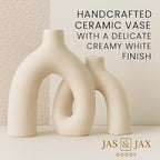 Cream White Decorative Vase Set - Modern Hug Donut Ceramic Vases by JAS & JAX GOODS, Minimalist Boho Style Centerpiece for Console Table, Living Room, Bookshelf, or Fireplace Mantel