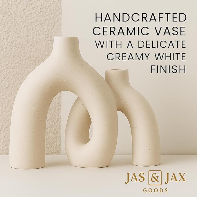 Cream White Decorative Vase Set - Modern Hug Donut Ceramic Vases by JAS & JAX GOODS, Minimalist Boho Style Centerpiece for Console Table, Living Room, Bookshelf, or Fireplace Mantel