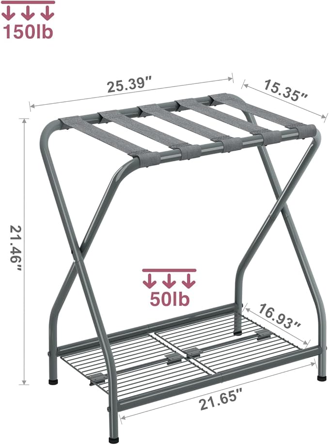 Luggage Rack with Storage Shelf, Foldable Suitcase Stand, Heavy Duty Metal Luggage Holder, 150 lbs Top Capacity, 50 lbs Bottom Shelf, for Guest Room, Bedroom, Hotel LR-GY-1