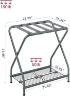 Luggage Rack with Storage Shelf, Foldable Suitcase Stand, Heavy Duty Metal Luggage Holder, 150 lbs Top Capacity, 50 lbs Bottom Shelf, for Guest Room, Bedroom, Hotel LR-GY-1