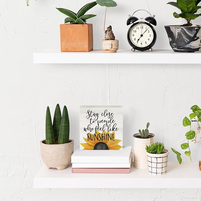 Farmhouse Sunshine Sunflower Wooden Box Sign Rustic Country Sunflower Box Sign Wood Sign Decor Summer Square Wood Sign Home Desk Tabletop Shelf Decor 5 x 5