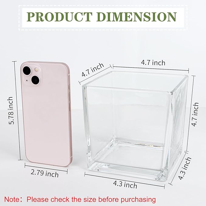 Set of 6 Square Glass Vases 5" x5" x 5", Clear Flower Vases for Centerpieces, Candle Holder for Wedding Party Events, Home Décor