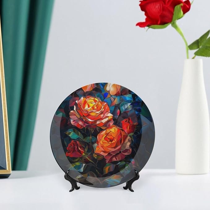 Stained Glass Theme Decorative Ceramic Plate Round Porcelain Plate,10 inch,Roses Pattern,for Decorative Ornaments Giving Plates, 1 Plate with 1 Display Stand,Green Red Orange