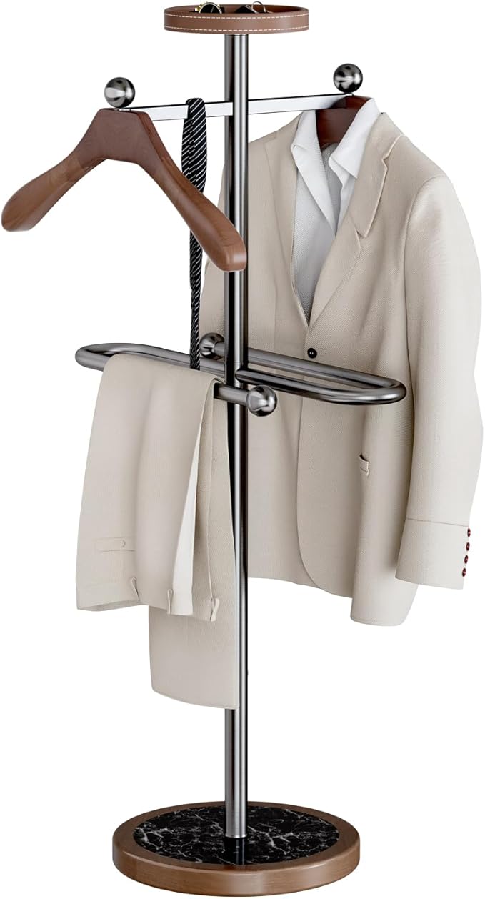 Metal Valet Stand with Tray, Clothes Valet Stand for Men with 2 Suit Hangers, Multifunctional Suit Valet Stand with Sturdy Base, for Entryway, Bedroom, Office H:54.33IN