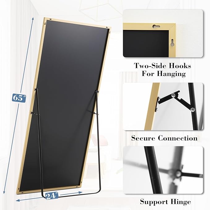 DUMOS 65"x24" Full Length Mirror, Full Body Mirror with Aluminum Alloy Thin Frame, Standing Mirrors with Leaning or Hanging, Suitable for Bedroom, Livingroom, Cloakroom, Gold