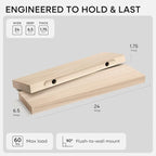 Homeforia 24 inch Wood Floating Shelves, High End Solid Natural Wood 24inch Floating Shelf for Wall, Unfinished Wooden 24 inches Floating Shelves, Heavy Duty Bracket, 24 X 6.5 X 1.75 in, Set of 2