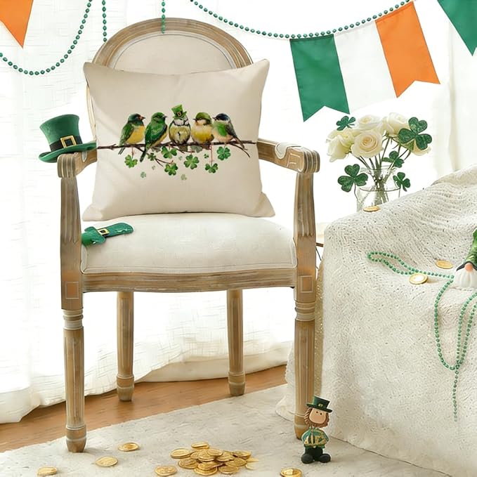 RABUSOFA St.Patricks Day Pillow Covers 18x18 Inch,Birds Shamrock Decorations Holiday Spring Decorative Pillow Case Decor for Sofa Couch Green