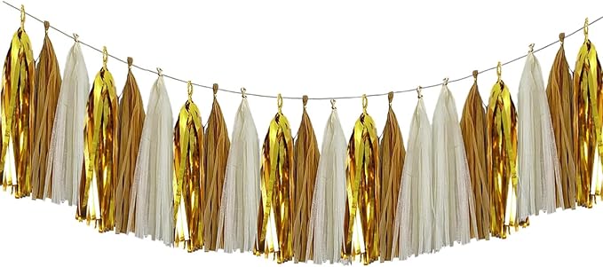 15Pcs White Gold Paper Tassel Garland,Gold Cream Khaki Tissue Tassel Banner for Baby Shower Wedding Engagement Birthday Party Decorations
