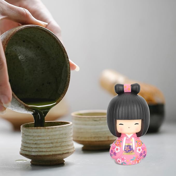 Japanese Kokeshi Doll Girl in Kimono Collectible Figurines Traditional Crafts Oriental Geisha Statue for Office Bar Home Party Table Decoration Pink